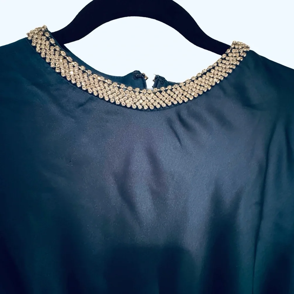 Mac Duggal Navy Long Sleeve Dress with Embellished Neckline, like new - Picture 2 of 5